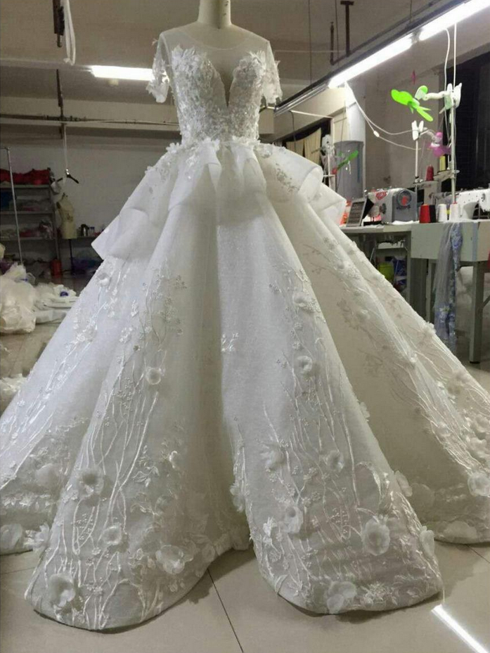 Real Photo Double V-neck Organza Short Wedding Dress 2017 Illusion Chapel Train Hand Made Bridal Gown Back Button Size Plus