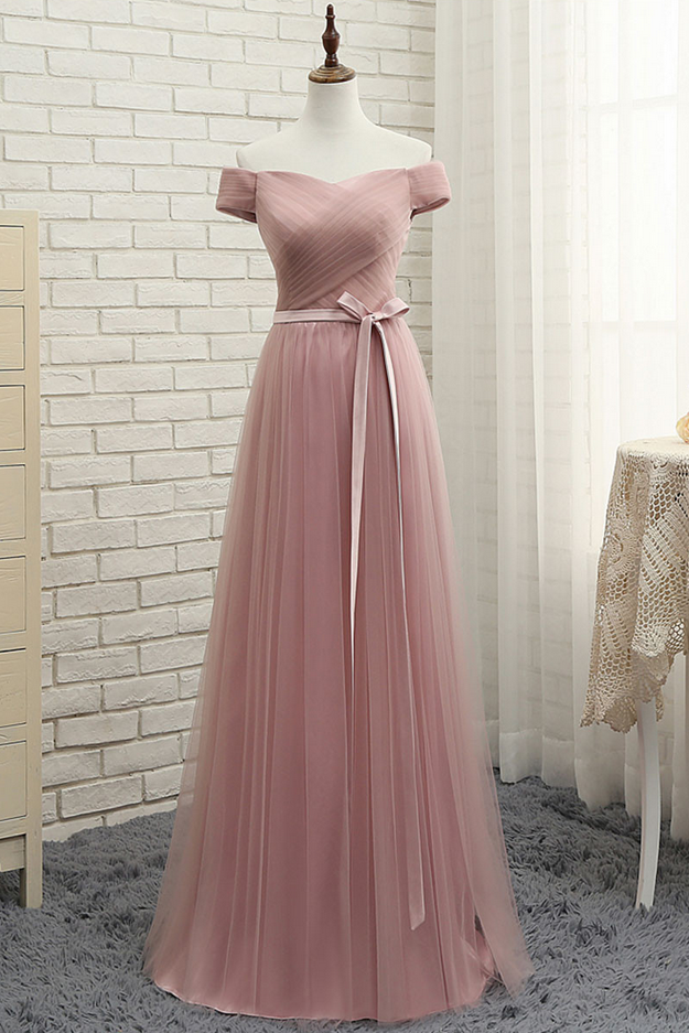 Elegant Blush Tulle Bridesmaid Dress,long Off Shoulder Prom Dress With Sash,sweetheart Bridesmaid Dresses