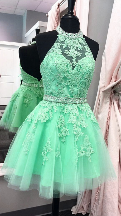 Mint Backless Beads Halter Tulle Short Sexy Homecoming Dress