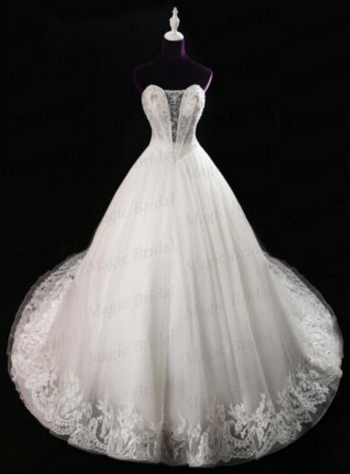 Magic Bridal Luxury Cathedral Train Ivory Lace Wedding Dresses Lace Up Ball Gown Wedding Dresses