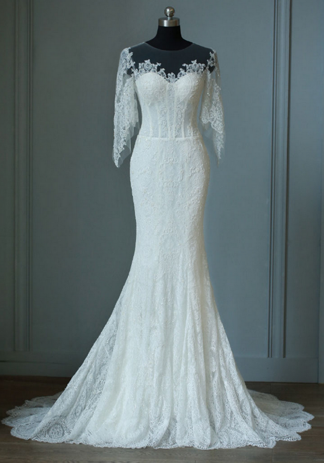 Full Lace Wedding Dress ,royal Mermaid Half Sleeves Wedding Dress,ivory Wedding Gown