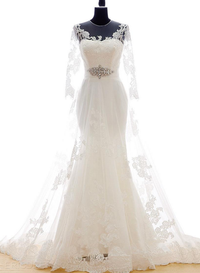 Mermaid Lace Tulle Court Train Wedding Dress With Sheer Sleeves And Illusion Neckline