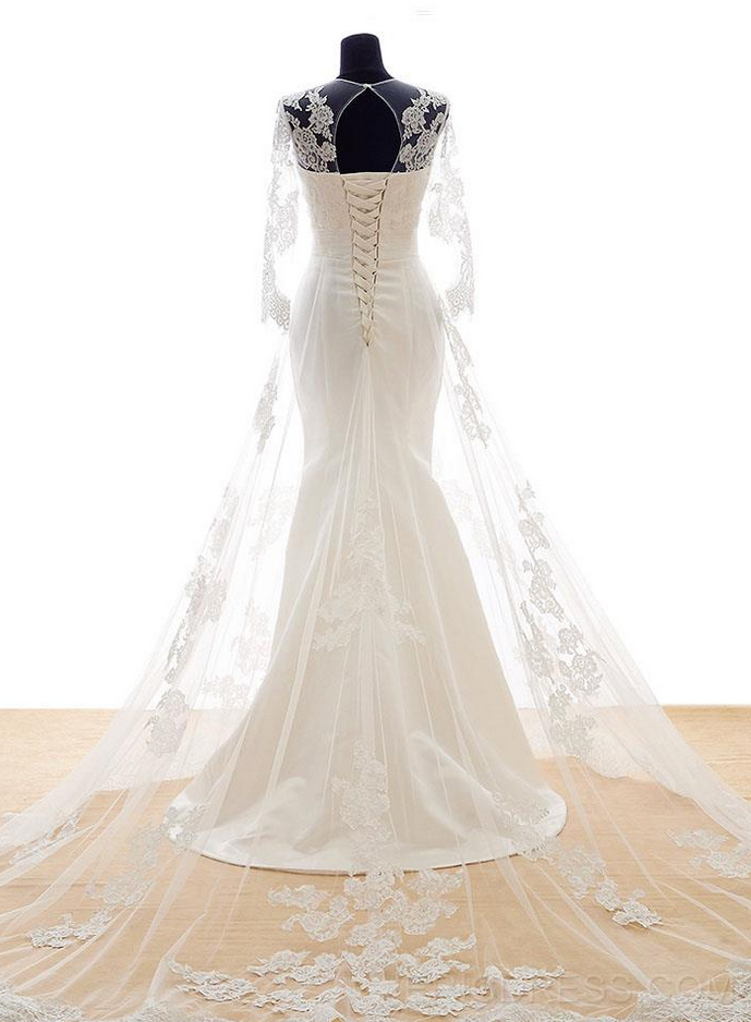 Mermaid Lace Tulle Court Train Wedding Dress With Sheer Sleeves And