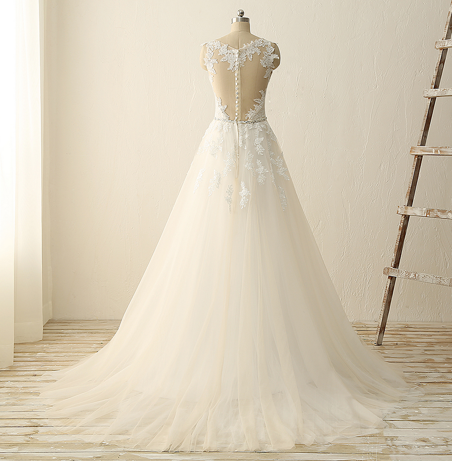 A-Line Strapless Appliqued Lace Sweep Train Wedding Dress with Long Sleeves