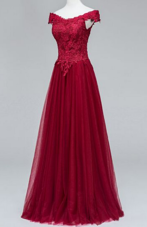 Pretty Evening Dresses Beautiful Tulle Wine Red Off Shoulder Prom Dresses, Long Prom Dresses