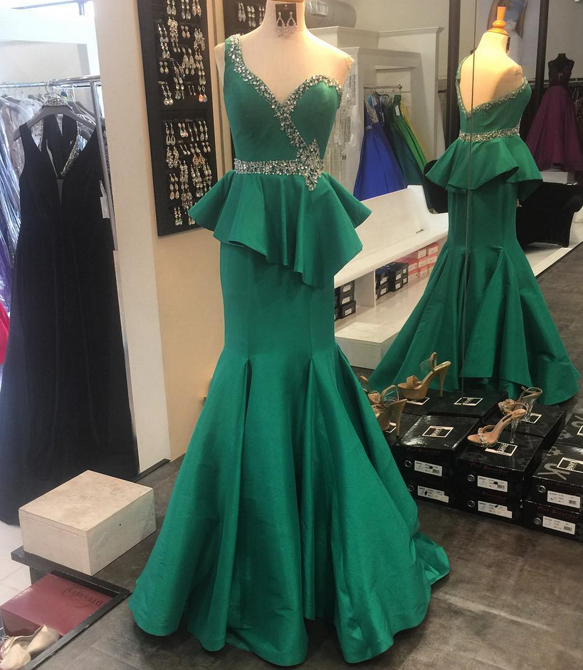 Emerald Satin Mermaid One Shoulder Evening Dress Long Ruffled Crystal Beaded Formal Gowns