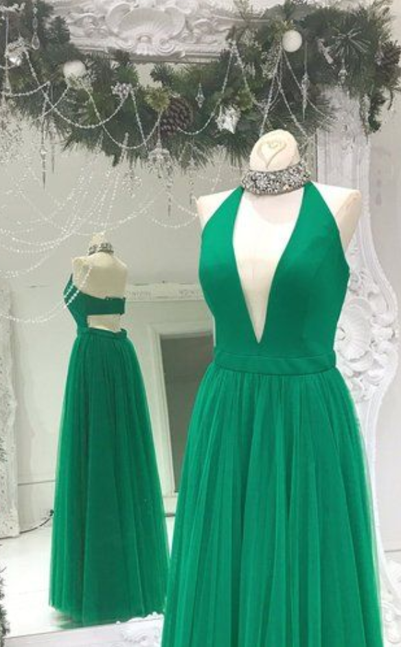 Halter Prom Dress,green Graduation Dress,v-neck Green Prom Dresses,open Back Green Party Dress,halter Green Evening Dresses