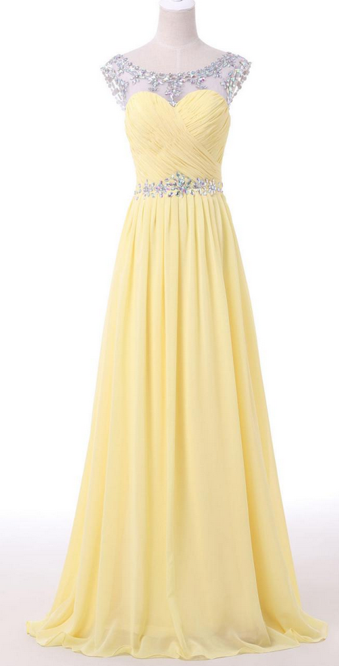 Prom Dress, Long Prom Dresses, Scoop Beading Keyhole Back Pale Yellow Long Chiffon Prom Dress, Light Yellow Long Prom Dress, Evening Dress,