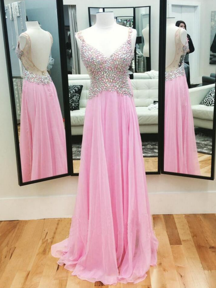 Sexy V-neck Prom Dress, Pink Rhinestone Prom Dress, Unique Prom Dress, Popular Backless Prom Dress, Sexy Evening Dress