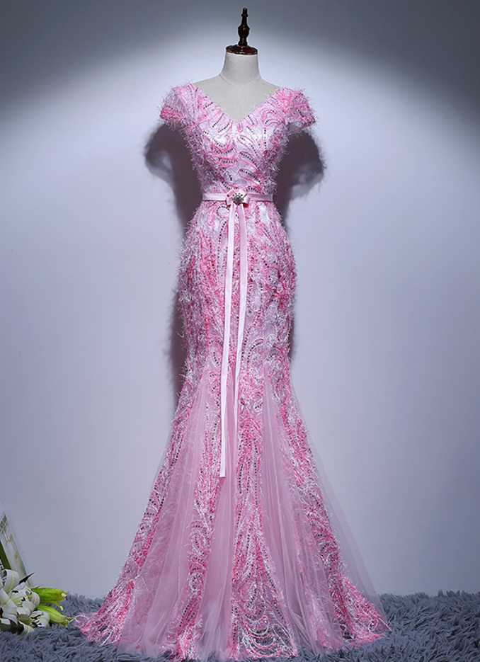Pink Long Lace Mermaid Evening Dresses Party Beautiful Women Prom Formal Evening Gowns Dresses Wear Robe De Soiree Longue