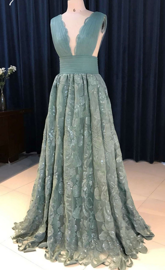 Elegant Delicate Teal Lace Prom Dress 2017 V-neck Sexy Open Back Pleat Evening Dresses Robe De Soiree Long Prom Dresses