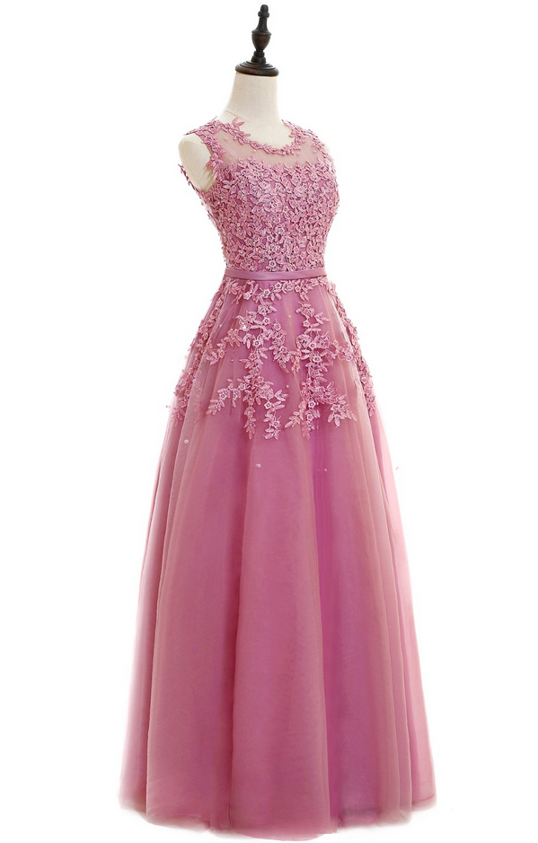Danys Lace Embroidery Long Prom Dresses Pink Sheer Back Pearls Formal Evening Party Dresses