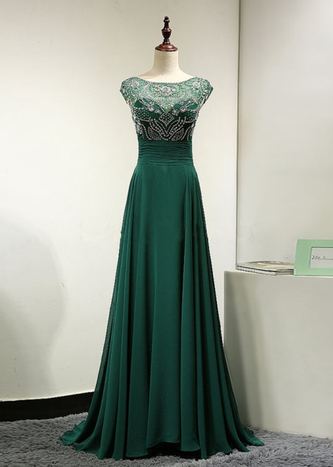 Emerald Green Chiffon V Back Evening Dress Sparkly Beaded Open Back Prom Dresses Cap Sleeve Long Formal Prom Party Evening Gown
