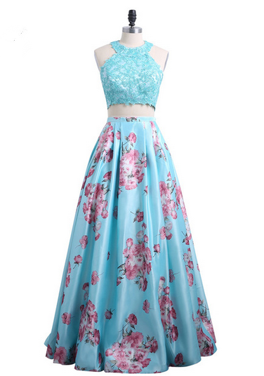 Fashion 3d Floral Print Flower Two Piece Prom Dresses Robe De Soiree Lace Top Floor Length Evening Dress Party Gown
