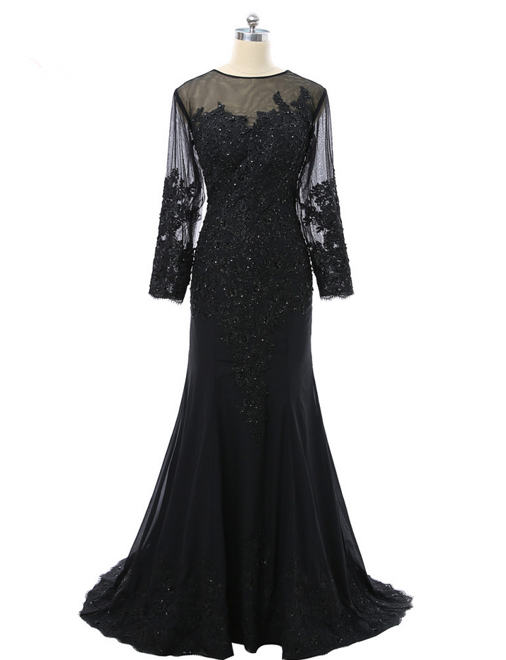 Black Prom Dresses Mermaid Long Sleeves Chiffon Lace Beaded See Through Women Long Prom Gown Evening Dresses Robe De Soiree
