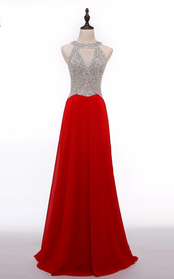 Fashionable Red Chiffon Long Evening Dress Party Elegant Crystal Top Robe De Soiree Sexy Prom Gowns Vestido De Festa