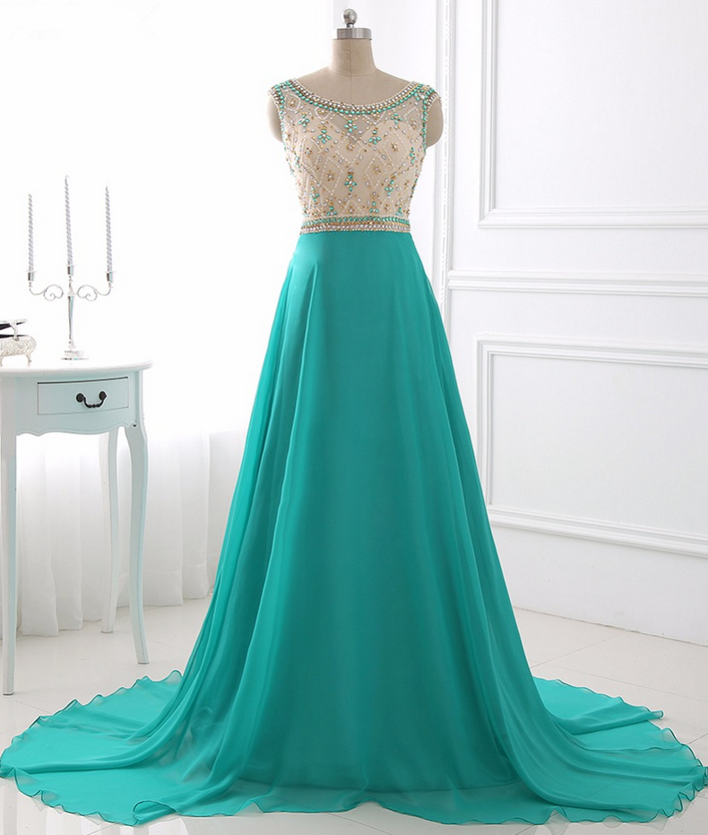 Elegant A Line Prom Dresses Chiffon Evening Dress Illusion Sparkly Beading Bodice Prom Dress
