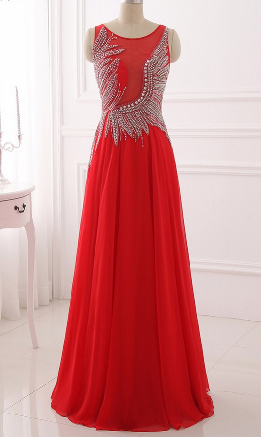 Fancy Beading Evening Dresses Red Illusion Long Prom Dress Zipper Back A Line Formal Women Vestido De Festa