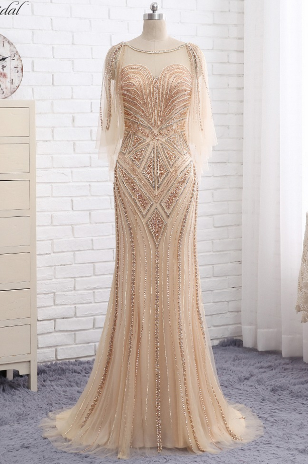 Long Prom Dresses One Shoulder Single Long Sleeves Floor Length Side Slit Mermaid Beaded Evening Dress