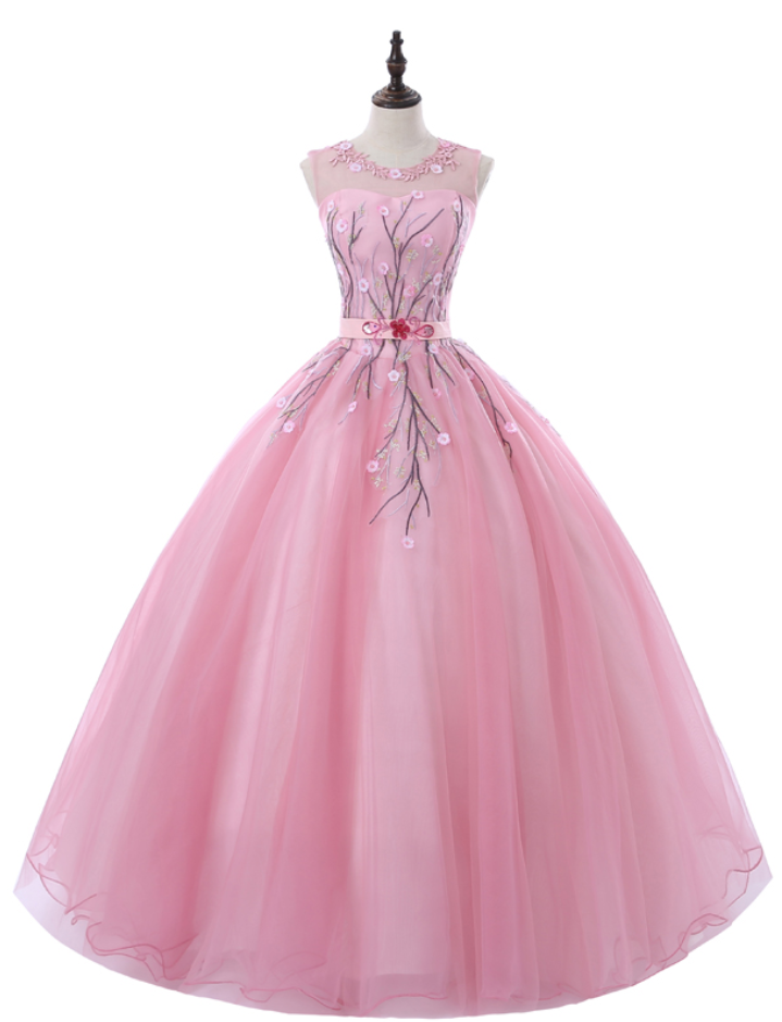Rose Pink Ball Gown Evening Gowns Lace 