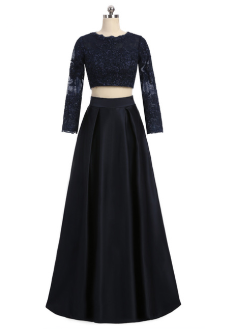 Navy Blue Prom Dresses A-line High Collar Long Sleeves Lace Two Pieces Sexy Long Prom Gown Evening Dresses Evening Gown