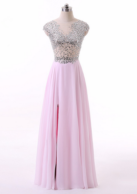 Pink Chiffon A Line Boat Neck Cap Sleeves Long Prom Dresses Floor Length High Slit Beading Prom Gown