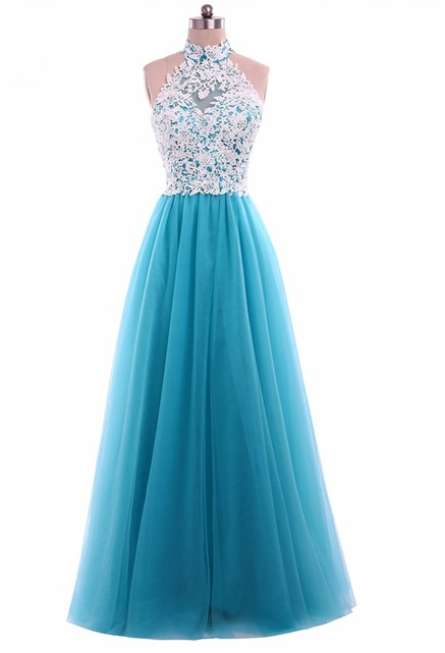 Real Photo Lace Tulle Prom Dresses Long A Line Halter Neck Zipper Back Women Evening Gowns