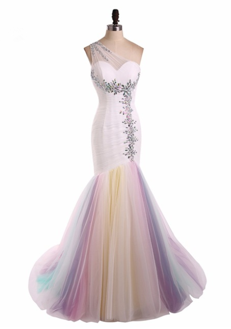 Ever Pretty Colorful Mermaid Beaded Tulle One Shoulder Special Occasion Dresses Rainbow Prom Dresses