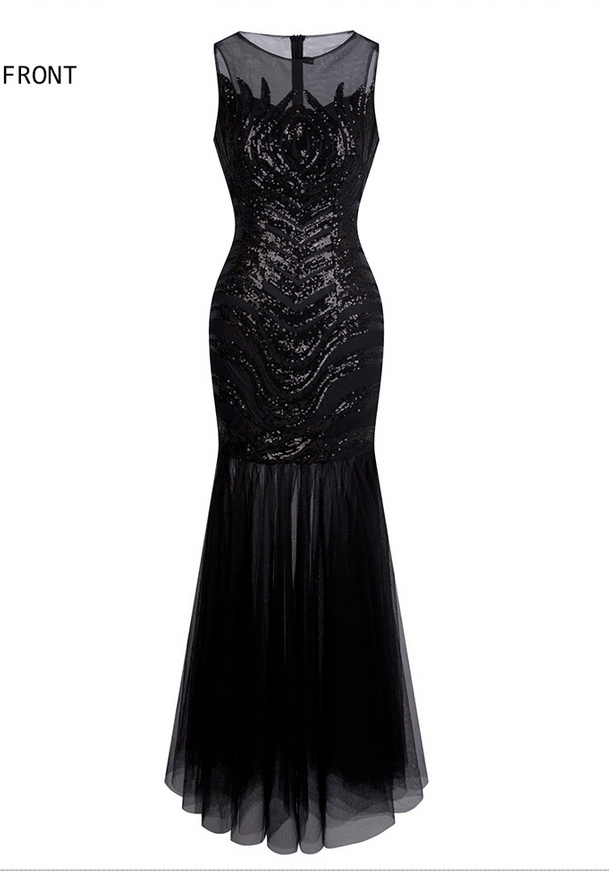 Sheer 1920s Vintage Sequin Flapper Gatsby Illusion Long Prom Dresses