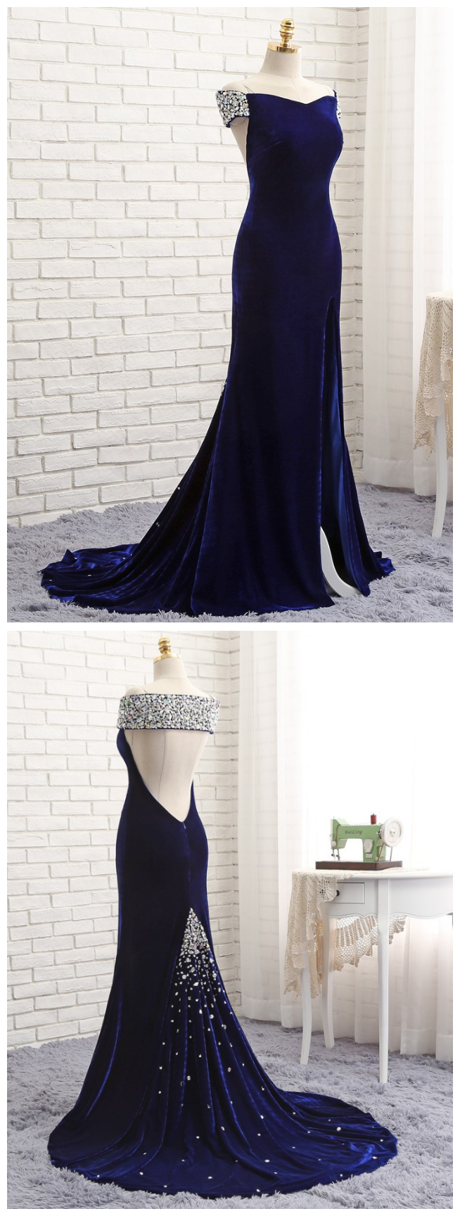 Prom Dresses ,mermaid V-neck Backless Velvet Crystals Slit Long Prom Gown ,evening Dresses, Evening Gown