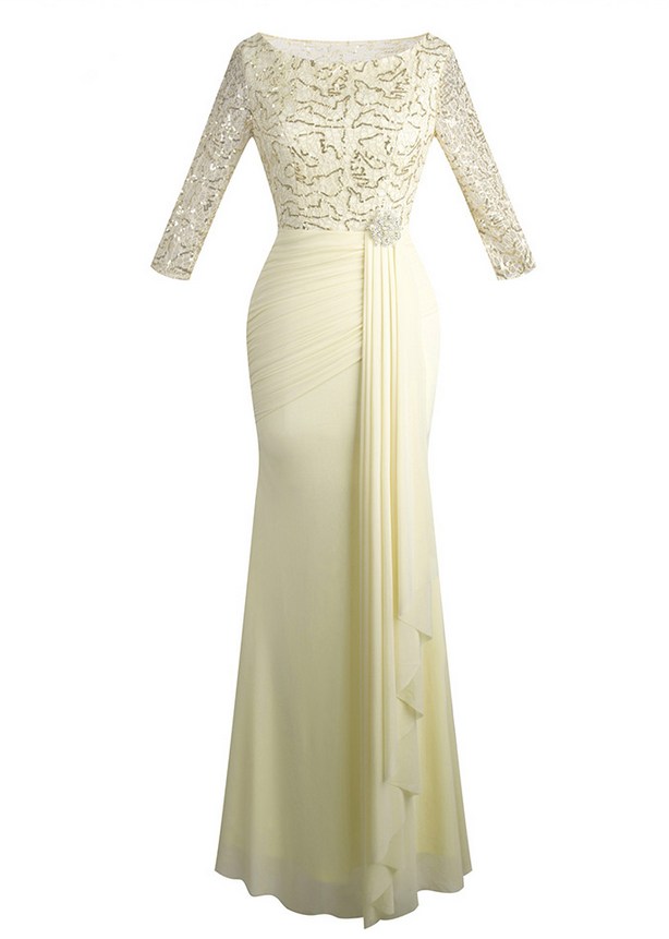 Half Sleeve Sequin See Through Formal Party Long Evening Dresses Champagne Prom Dress