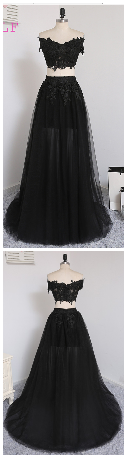 Prom Dresses ,a-line V-neck Cap Sleeves Black Appliques Lace Prom Gown ,evening Dresses ,evening Gown