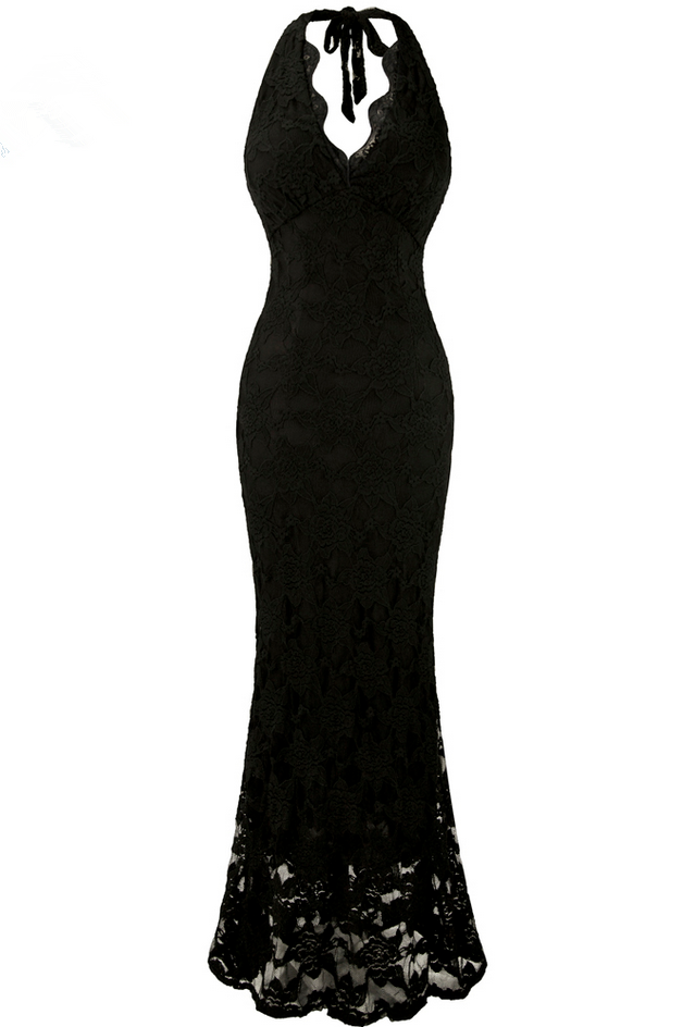 Halter Sleeveless Lace Long Evening Dresses Black Prom Dresses