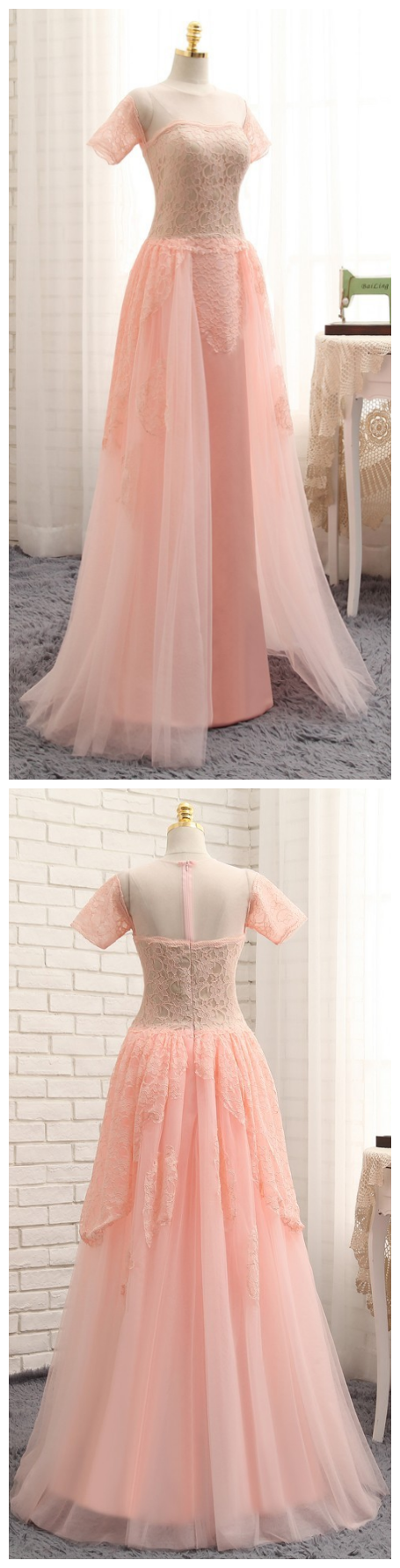Prom Dresses, A-line Cap Sleeves Chiffon Lace Pink Long Prom Gown, Evening Dresses, Evening Gown