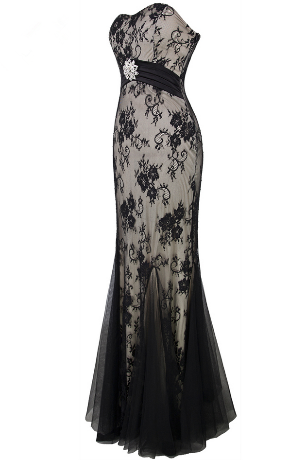 Strapless Crystal Lace Mermaid Long Evening Dress Black Ballkleid Prom ...