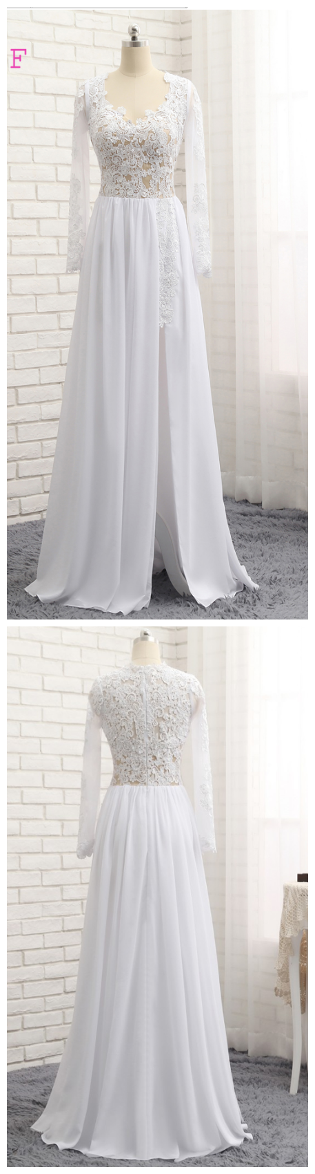 A-line Sweetheart Cap Sleeves White Chiffon Lace Slit Long Elegant Prom Dresses, Prom Gown,evening Dresses ,evening Gown