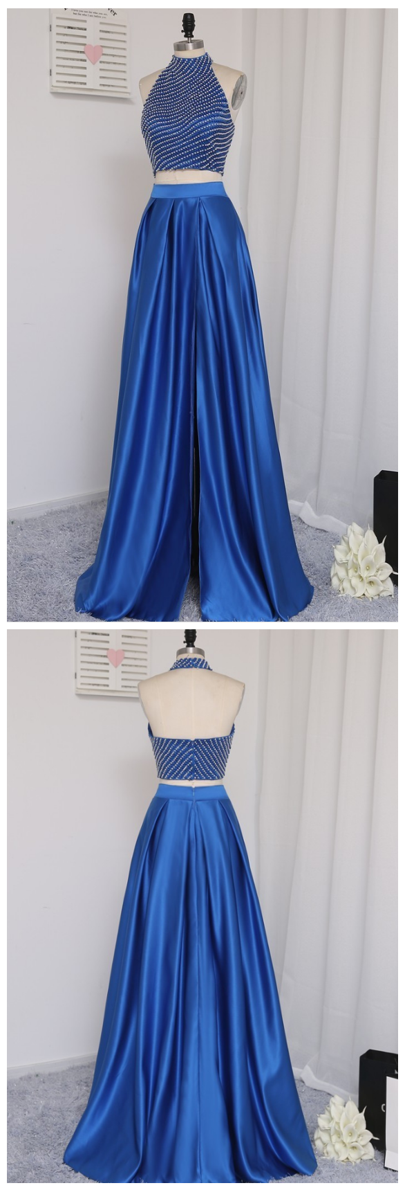 Prom Dresses ,a-line High Collar Floor Length Pearl Two Pieces Prom Gown, Evening Dresses ,evening Gown