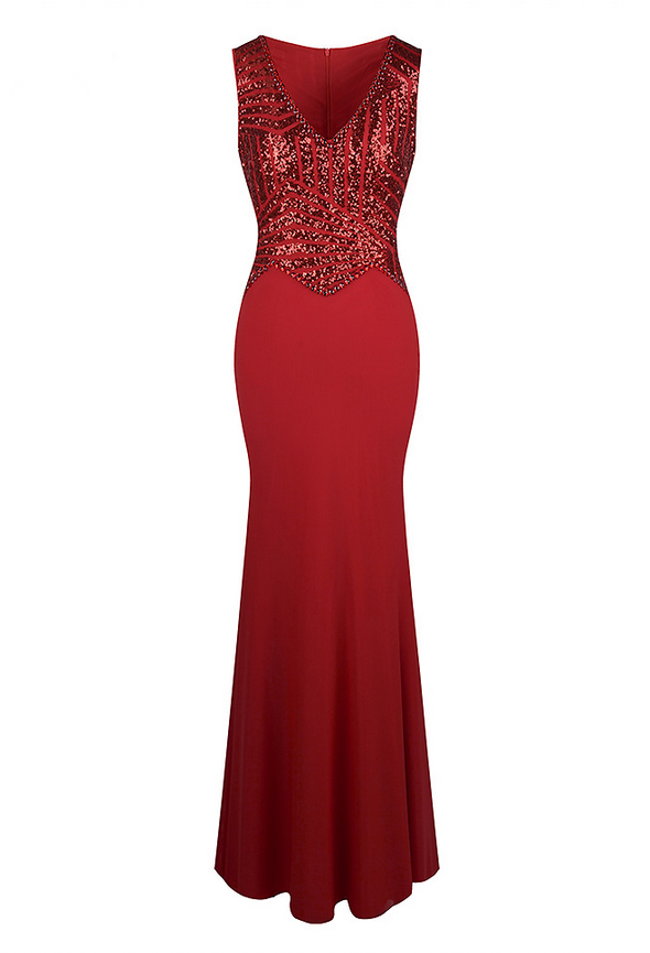 V Neck Sequin Beaded Mermaid Long Evening Dress Formal Party Red Silver Prom Dress