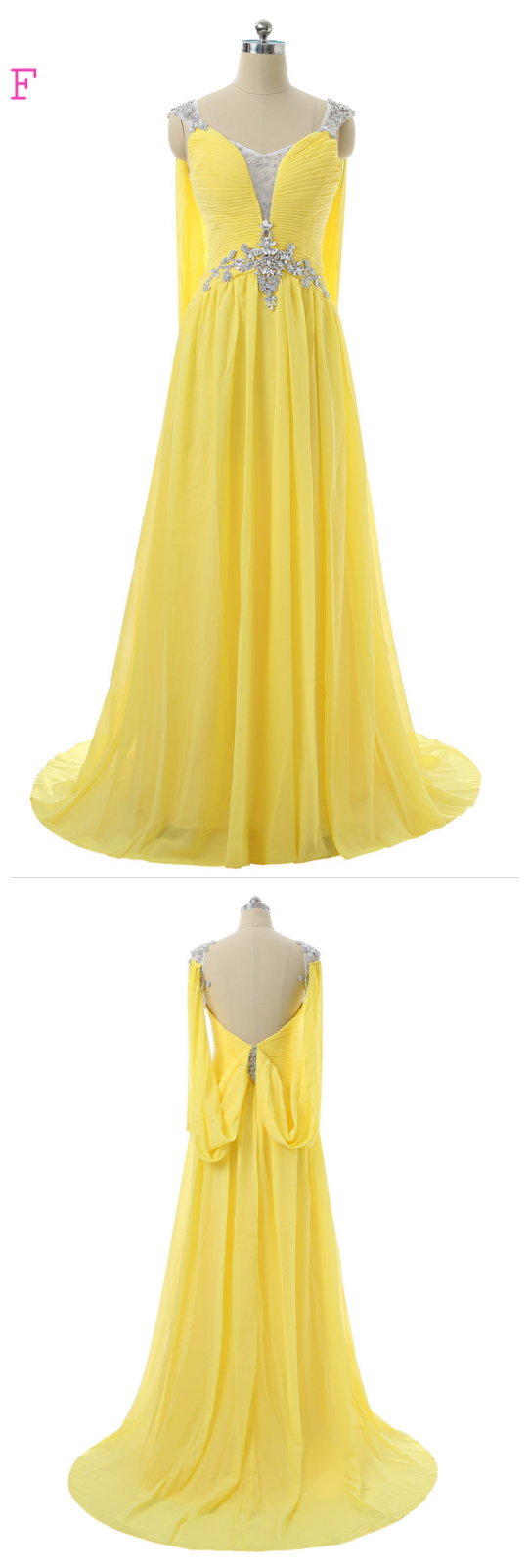 Prom Dresses ,a-line Cap Sleeves Chiffon Crystals Open Back Women Long Prom Gown ,evening Dresses Robe De Soiree