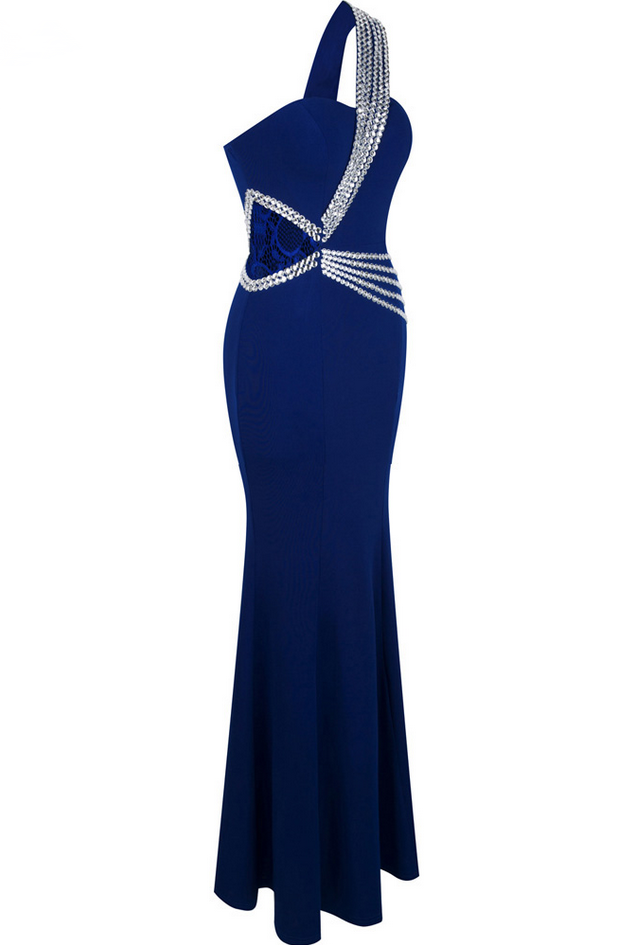 One Shoulder Beading Mermaid Long Evening Dress Formal Dresses Blue