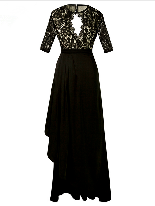 Scoop Neck Short Sleeve Hollow Out Lace Slit Draped Satin Long Evening Dress Black Prom Dress