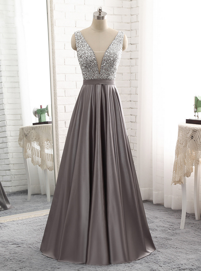 Luxury Long A-line Evening Dresses Sexy Gray Satin Beaded Vestido De Prom Party Gown