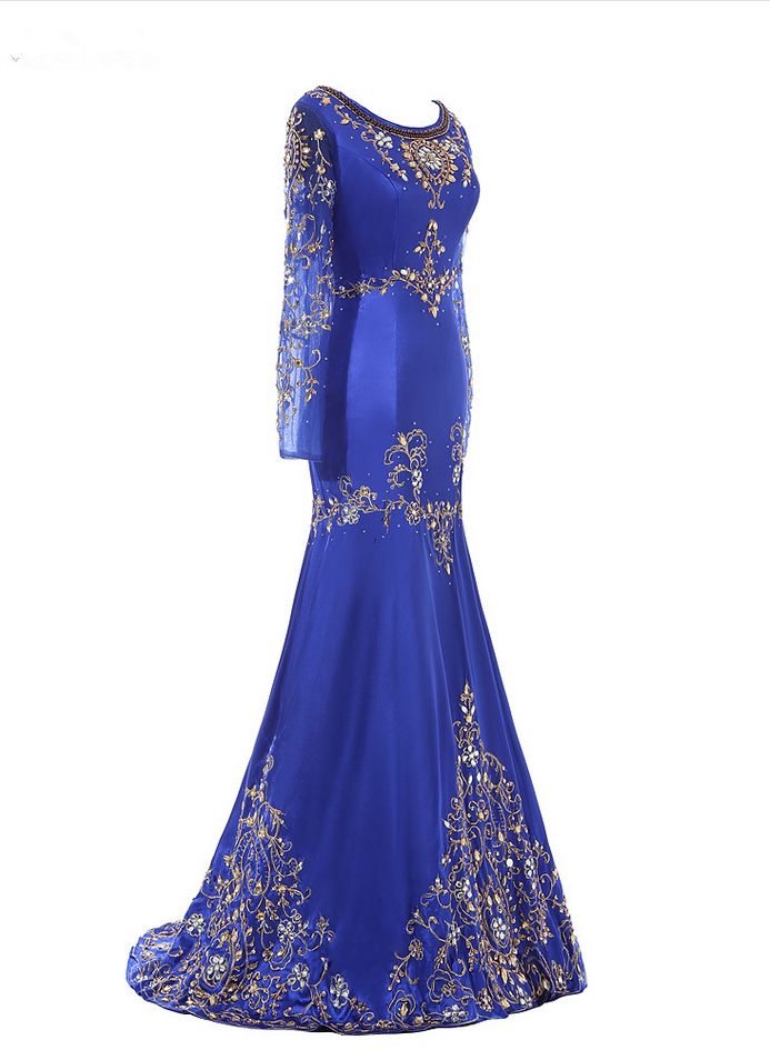 Royal Blue Beaded Muslim Evening Dress Long Sleeves Moroccan Kaftan ...