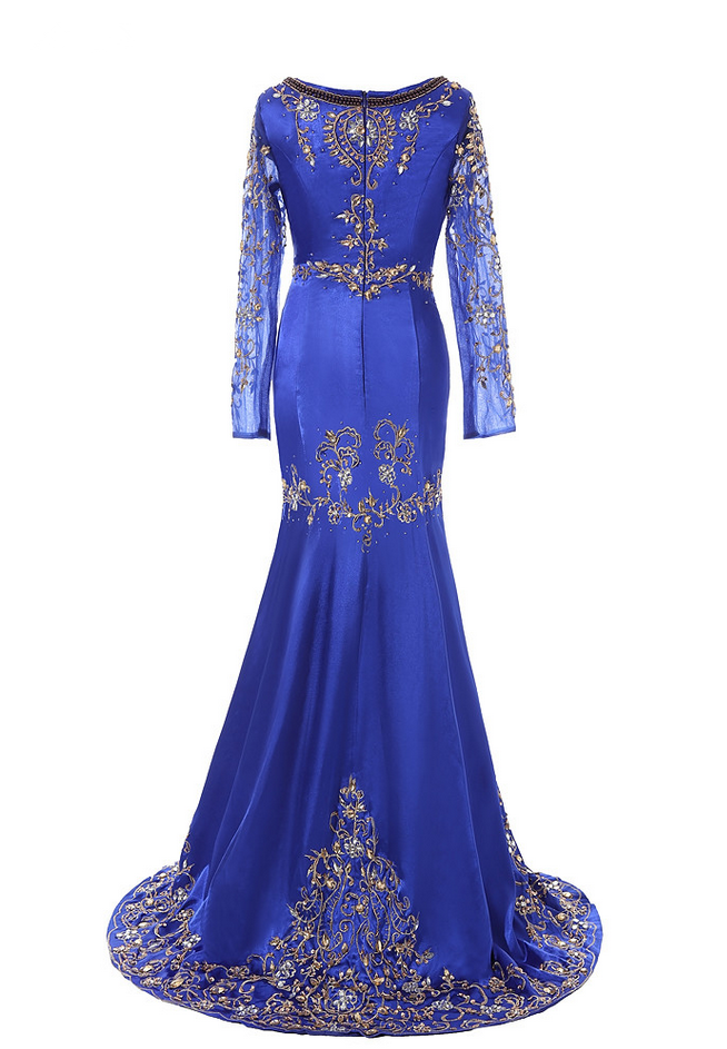 Royal Blue Beaded Muslim Evening Dress Long Sleeves Moroccan Kaftan ...