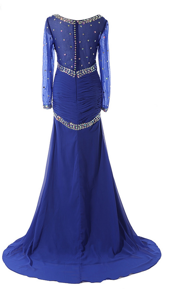 Luxury Long Mermaid Royal Blue Chiffon Beaded Evening Dresses Vestido ...