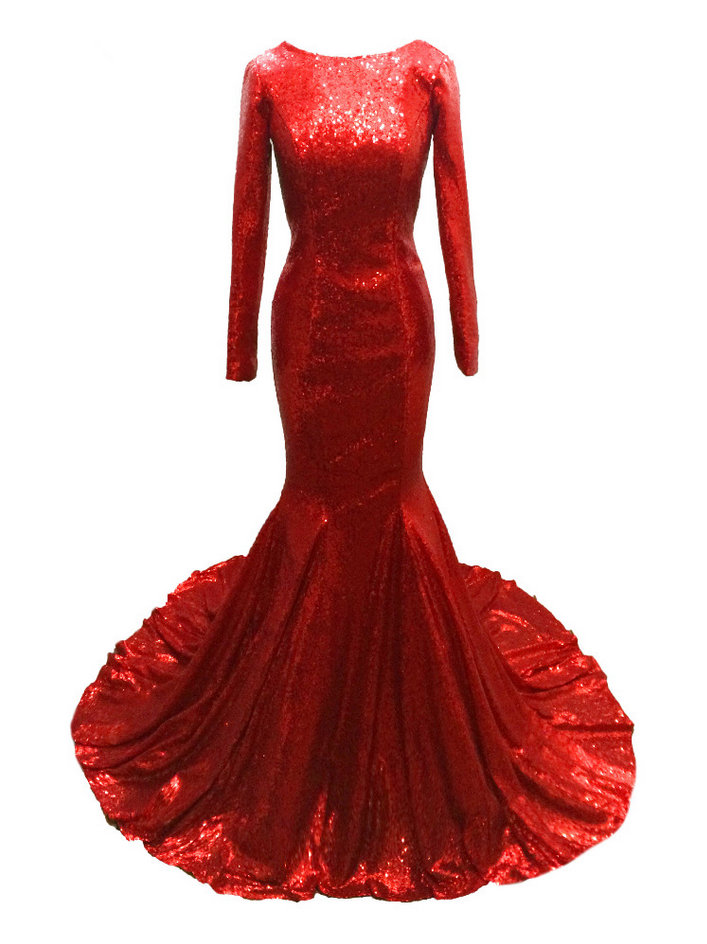 Long Mermaid Red Sequins Fabric Evening Dresses Charming Vestido De Festa Backless Long Sleeves Party Gowns