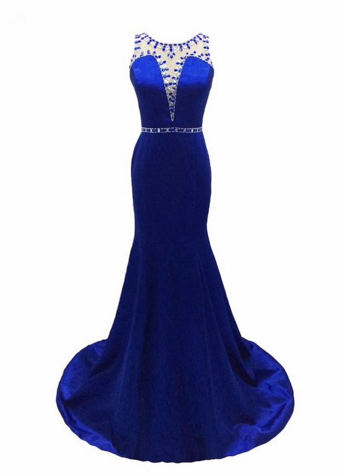 Long Luxury Mermaid Royal Blue Stretch Satin Beaded Evening Dresses