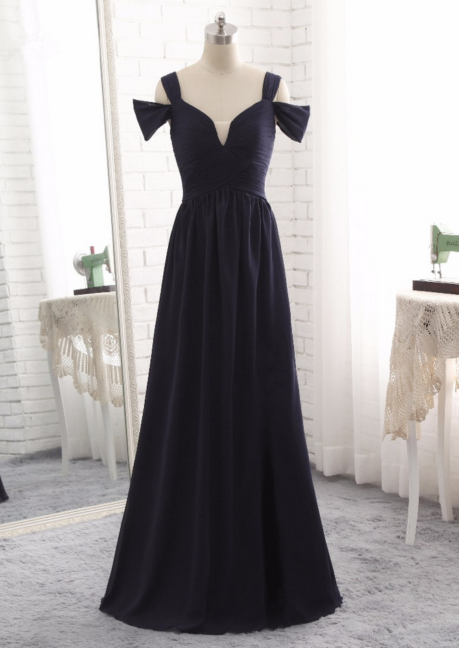 Luxury Long A-line Evening Dresses Sexy Navy Blue Chiffon Pleats Vestido De Prom Party Gown