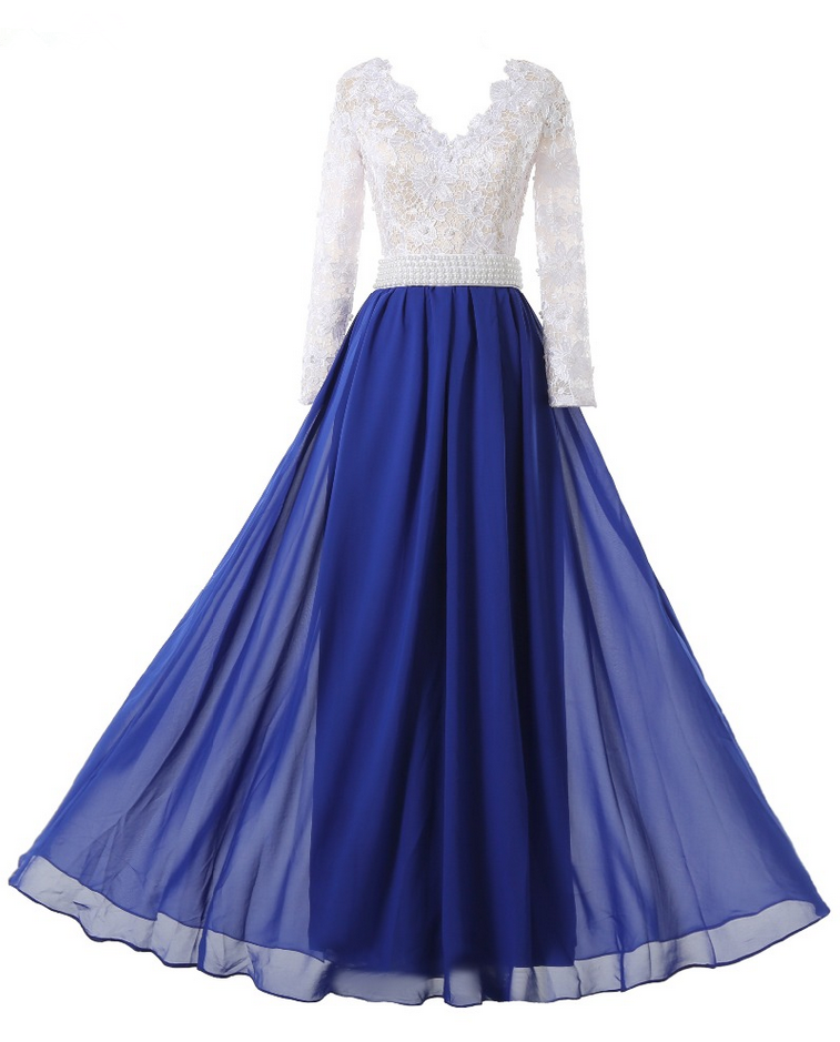 Charming Long A-line Royal Blue Chiffon White Lace Top Evening Dresses Long Sleeves Prom Party Gown