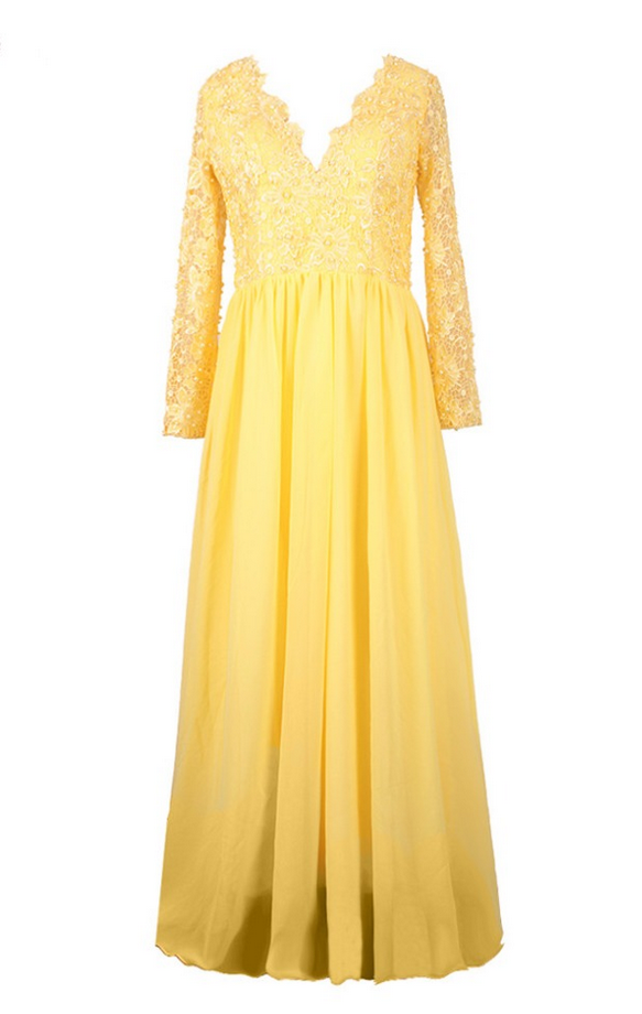 Luxury Yellow Chiffon Lace Pearls Evening Dresses Vestido De Festa Sexy Long A-line Backless Lady Prom Gown
